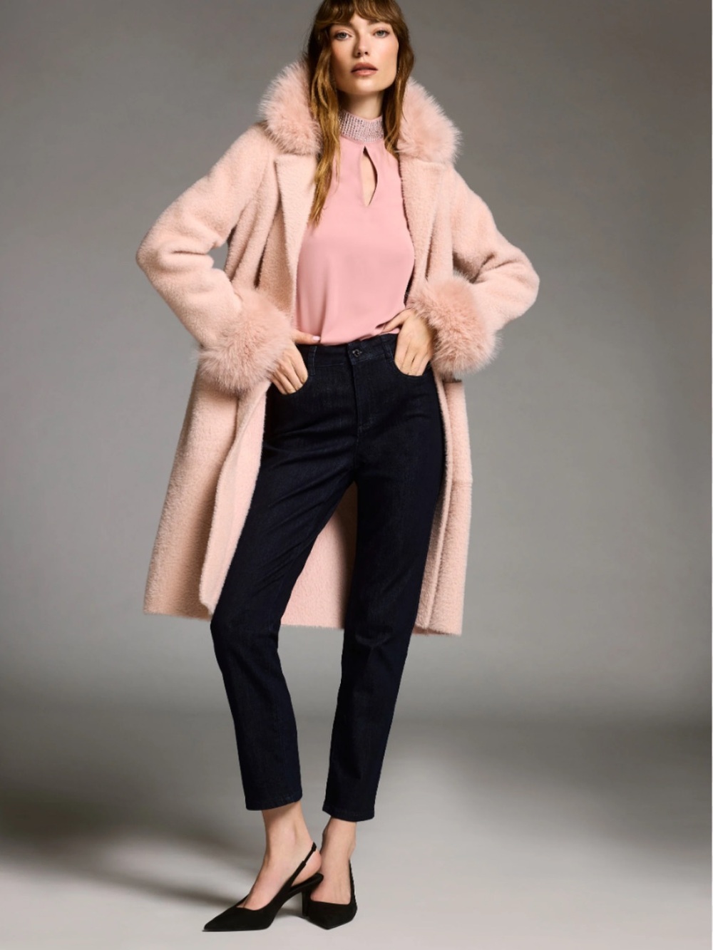 NWT Joseph Ribkoff Feather Yarn Faux Fur Coat in Rose Medium Style 243923